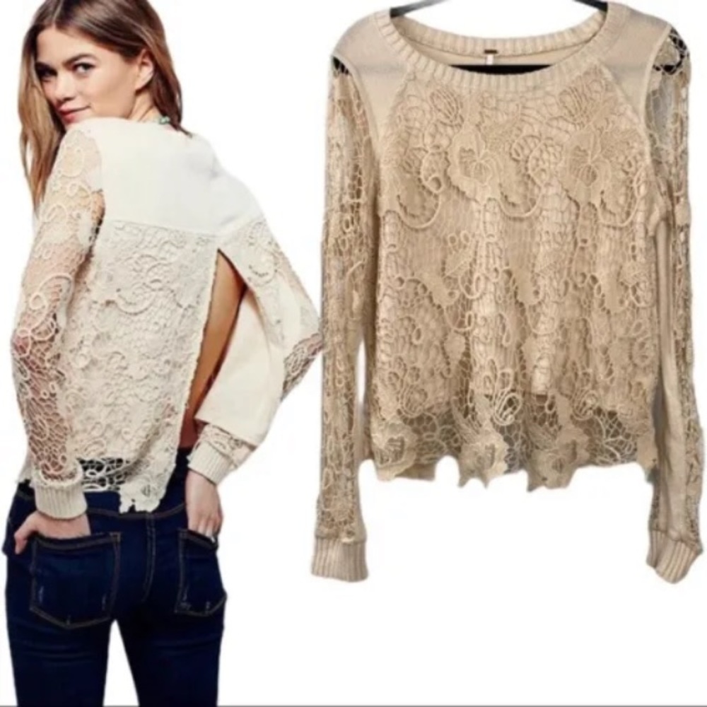 Free people crochet lace top with split back - Picture 1 of 13